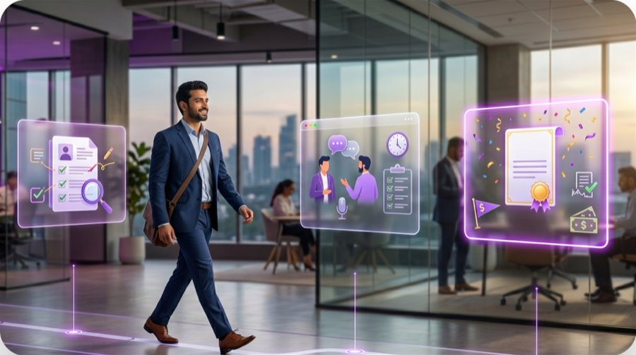Professional walking through a modern office with AI-powered career tools overlaid