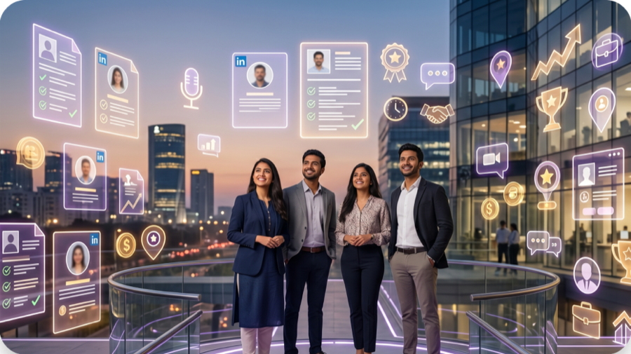 Diverse team of engineers, recruiters, and career coaches overlooking the city skyline
